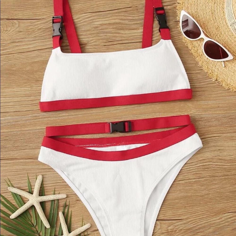 Red and White Buckle swimsuit